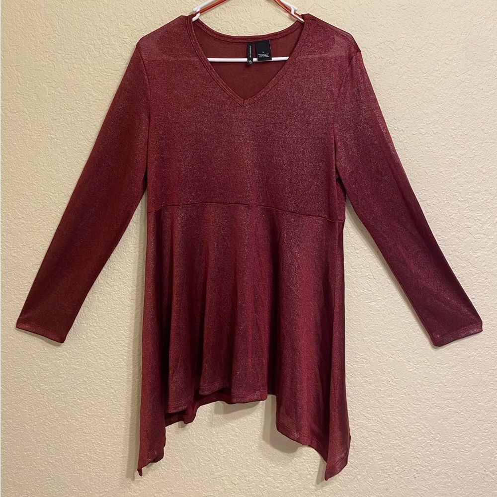 New Directions Sheer Red Sparkle Long Sleeves Dress